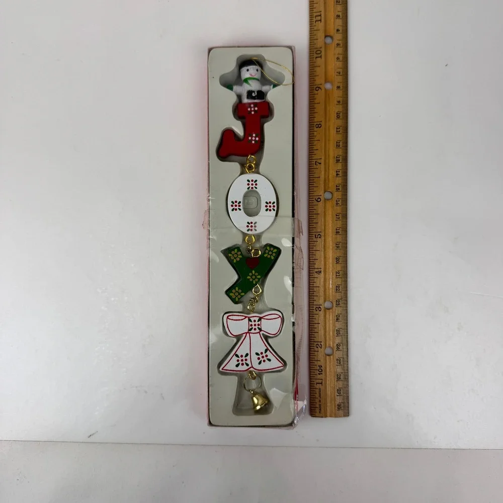 Vtg Christmas Expressions Joy Wood Hanging Ornament‎ w Gold Accents Bell Snowman